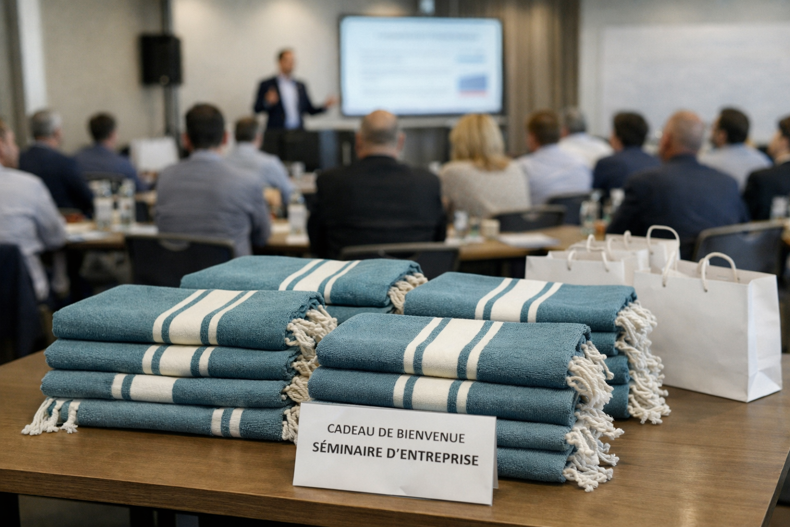 Fouta personnalisée brodée remise lors d'un séminaire d'entreprise - BY FOUTAS