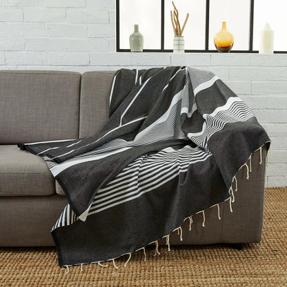 Fouta XXL Arthur Noir - 200 x 300 cm | Grande Serviette de Plage | Jeté de canapé