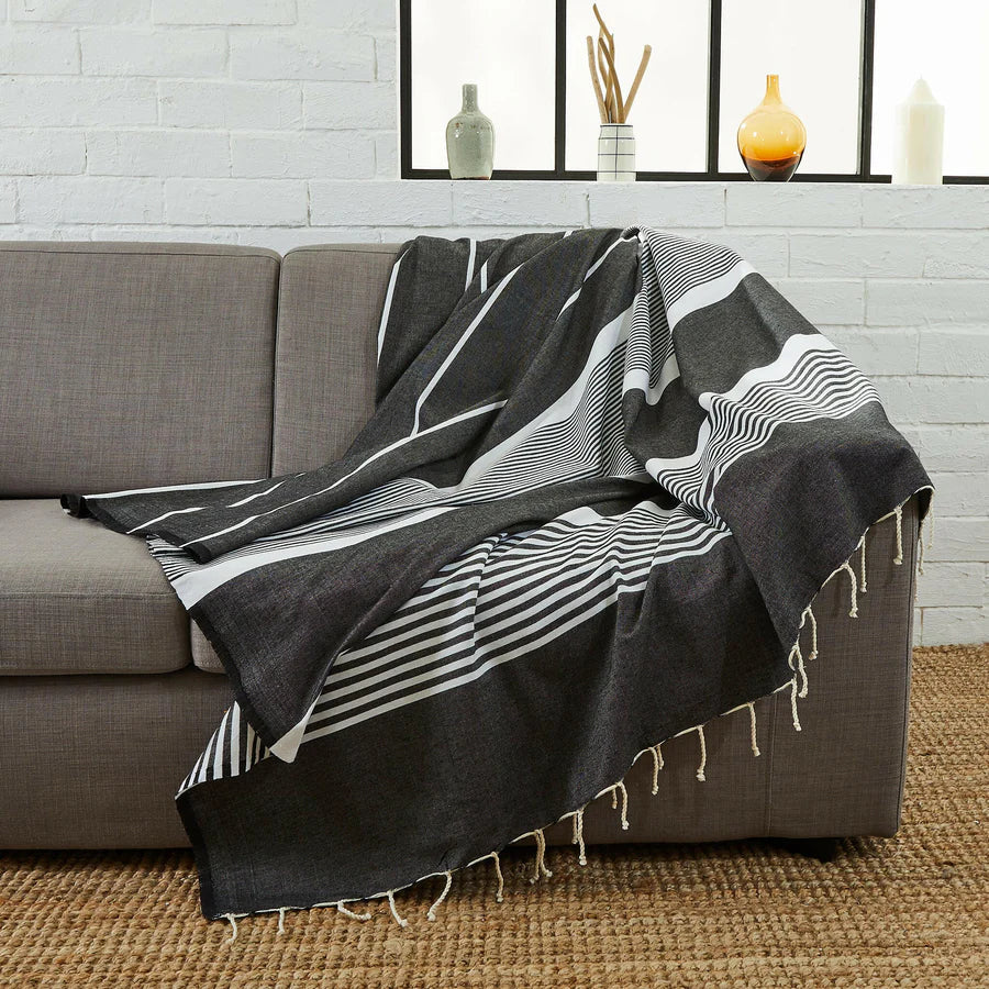 Fouta XXL Arthur Noir - 200 x 300 cm | Grande Serviette de Plage | Jeté de canapé