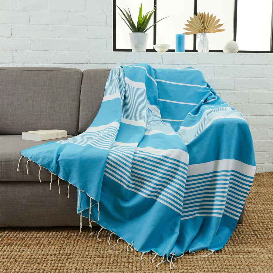 Fouta XXL Arthur Turquoise - 200 x 300 cm | Grande Serviette de Plage | Jeté de canapé