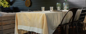 fouta XXL Lurex ecru gold used as tablecloth, with table decoration