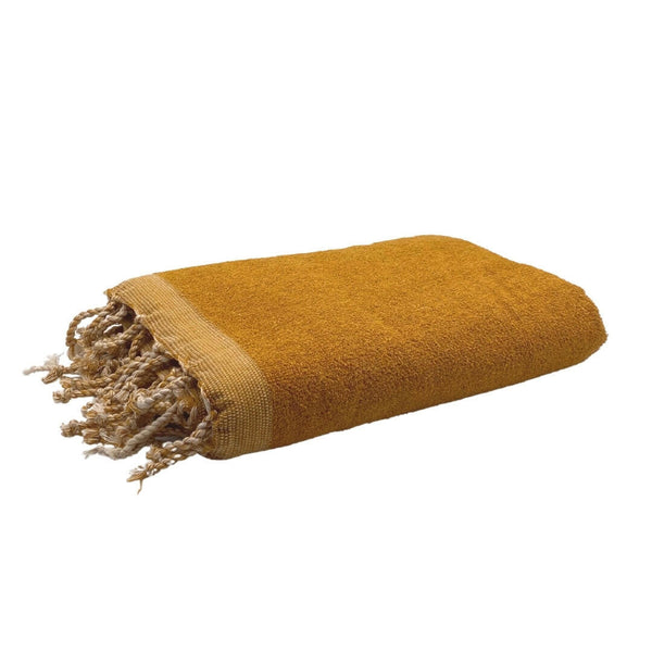 fouta Eponge unie couleur jaune moutarde pliée façon serviette de bain côté éponge - BY FOUTAS