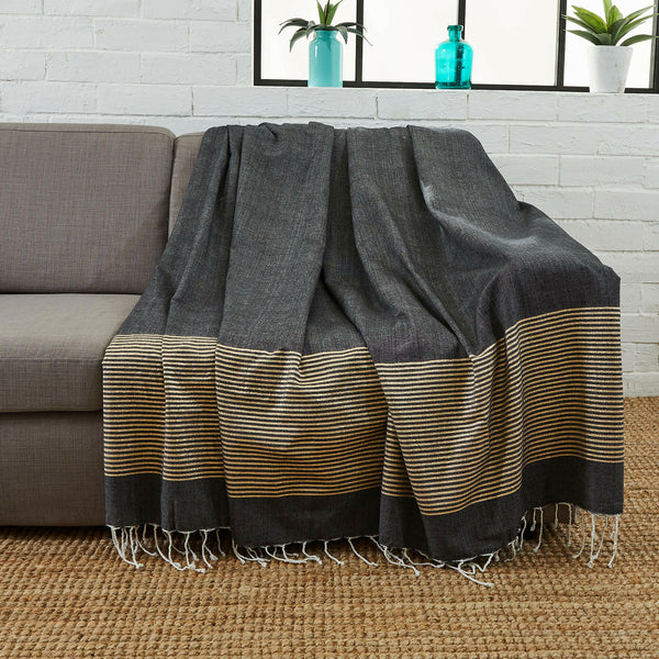 fouta XXL Lurex anthracite color - copper stripes used in sofa throw - BY FOUTAS