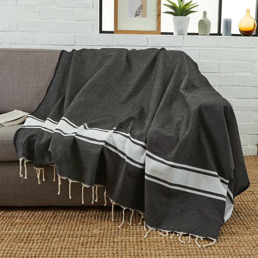 Fouta XXL Classique Noir - 200 x 300 cm | Large Beach Towel | Sofa Throw