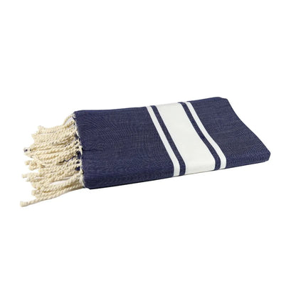 Classic Navy Blue Fouta hanging in a bathroom - BY FOUTAS