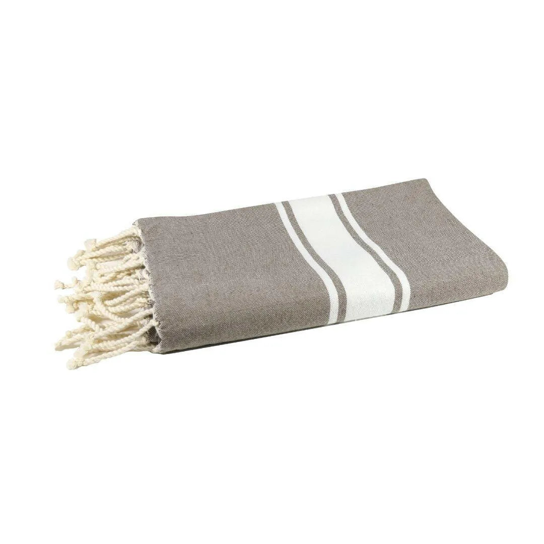 Fouta Classique Taupe hanging in a bathroom - BY FOUTAS